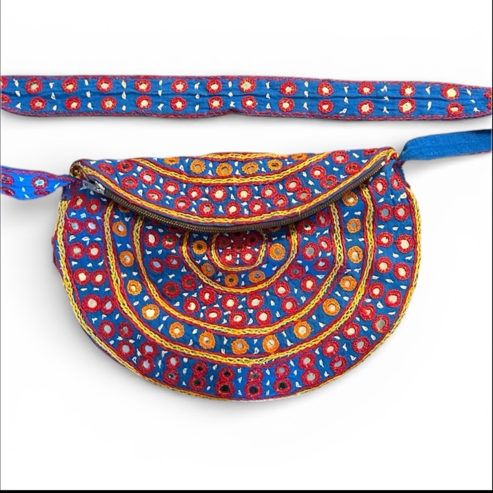 Unique Colorful Embroidered Crossbody Round Purse with Mirrored Insets